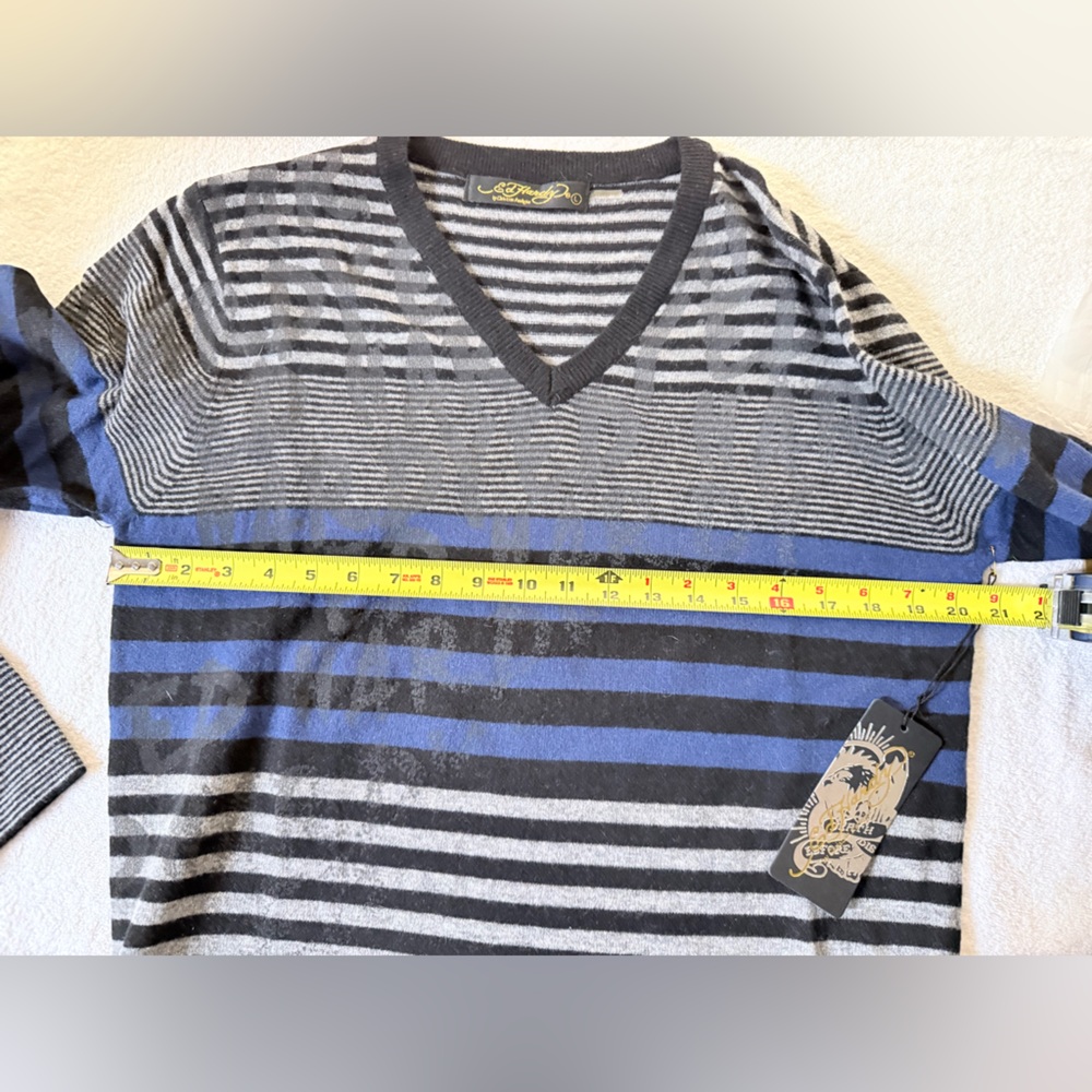Ed Hardy Black and Blue Striped V-Neck Sweater - Picture 5 of 5
